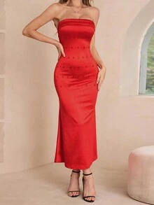 Women Slim Fit Cross Print Strapless Gorgeous Formal Dress - Red - View 1