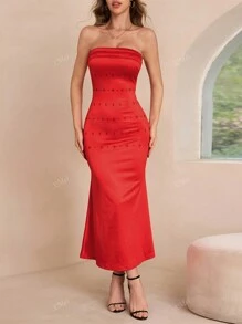 女士修身交叉印花露肩华丽礼服