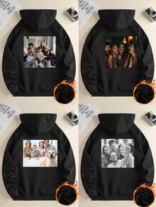 个性化图案保暖连帽女式黑色卫衣，可定制万圣节/圣诞节主题图案。上传您的照片/自拍/合照/风景照/宠物照片/Logo，即可定制朋友/家人/情侣/宠物照片，以及生日/周年纪念/情人节照片。女士休闲套头保暖连帽卫衣，黑色上衣/外套，圣诞节服装，秋季服装，秋季上衣，返校季女装，秋季女式上衣，冬季女装，派对礼物，送给她的礼物。