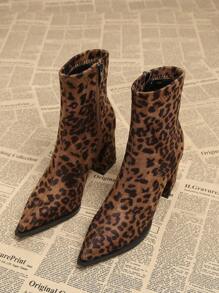 Botas de mujer elegantes con estampado de leopardo, nueva llegada primavera/otoño 2026. Tacón grueso, tacón alto, puntera puntiaguda, botas de tobillo de moda para otoño/invierno - Marrón - Ver 2