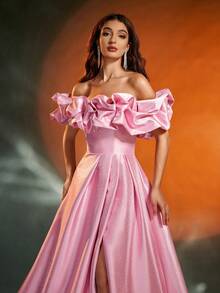 Anymoon 女士晚礼服，胸部饰有褶皱细节，适合正式场合、优雅晚宴、婚礼宾客礼服、毕业典礼礼服、正式晚宴礼服、派对礼服，春粉色 - 粉色 - 查看 10