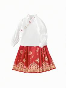 Balabala 女童长袖连衣裙套装 2024 秋季时尚两件套服装 - 白紅色 - 查看 4