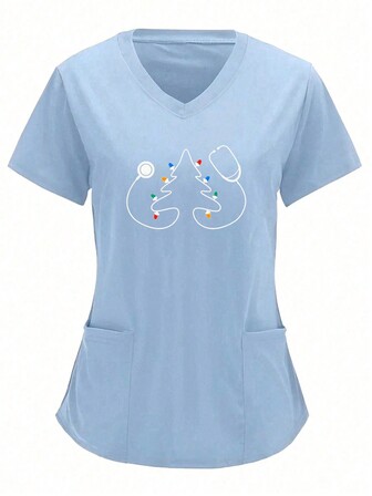 Blue V-Neck Christmas Tree & Stethoscope Print Nurse Uniform Top, Breathable