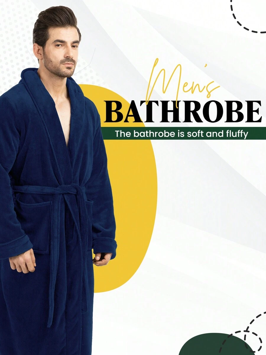 Men Fleece Shawl Collar Bathrobe Long Sleeve For Home Wear, Plush Long Lace Up Spa Robe