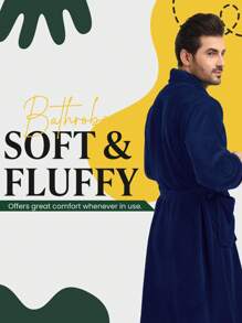 Men Fleece Shawl Collar Bathrobe Long Sleeve For Home Wear, Plush Long Lace Up Spa Robe