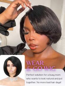 短款侧分波波头假发不对称精灵侧分刘海合成发 10 英寸浅色亚基假发直发亚基假发带刘海女士黑色波波头假发日常生活使用适合炎热季节 - 黑色 - 查看 3