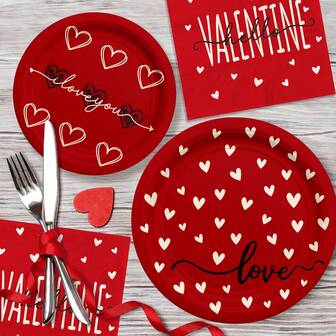 24pcs/72pcs Red Heart Themed Party Tableware, Napkins - Love, Confession, Romance, Dating, Sweet, Love You, Heart EKG, Disposable Paper Towels, 9in/7in Disposable Paper Plates, Suitable For Holiday Party, Wedding, Anniversary Decor
