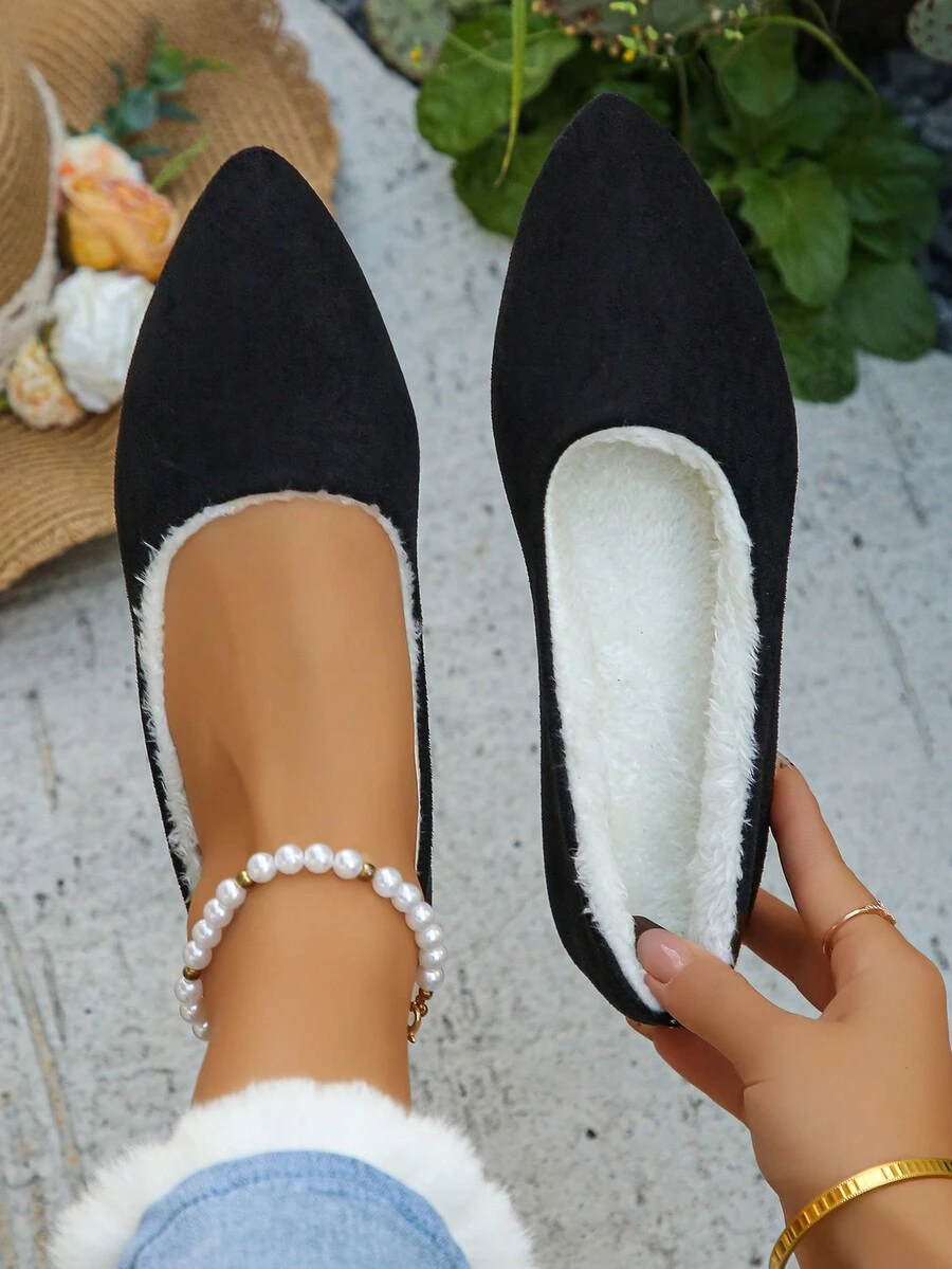 Giày lười đế bằng mũi nhọn lót nhiệt ấm áp thoải mái cho nữ, phong cách thanh lịch để mặc hàng ngày vào mùa thu/đông - màu đen - Xem 1