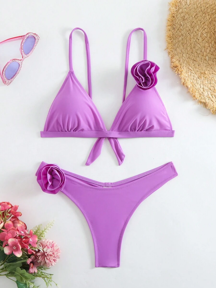 RWX VEST Bikini Set With Adjustable Straps And Fabric Flower Detail - A3016 - 紫色 - 查看 1
