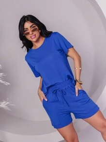 Women's Set In Fleece Fabric Comprising Shorts And Short Sleeve Cropped Top - 寶藍色 - 查看 5