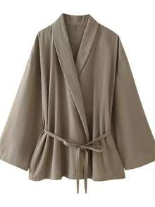 Cárdigan de estilo kimono de unicolor y frente abierto minimalista para mujer - Caqui - Ver 7