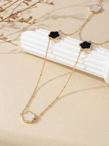 1 chiếc vòng cổ dài đính đá hình cỏ ba lá lạ mắt (Số lượng hạt ngẫu nhiên, một số có lớp màng bong tróc trên hạt màu đen) - Đen và trắng - Xem 4