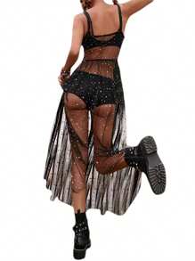 Women Cover Up Dress, Sleeveless Square Neck Beach Holiday Sequined Split Midi Beach Smock - Negro - Ver 2