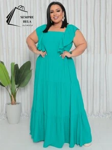 Plus Size Long Dress With Ruffle On The Shoulder - Baby Blue - View 1