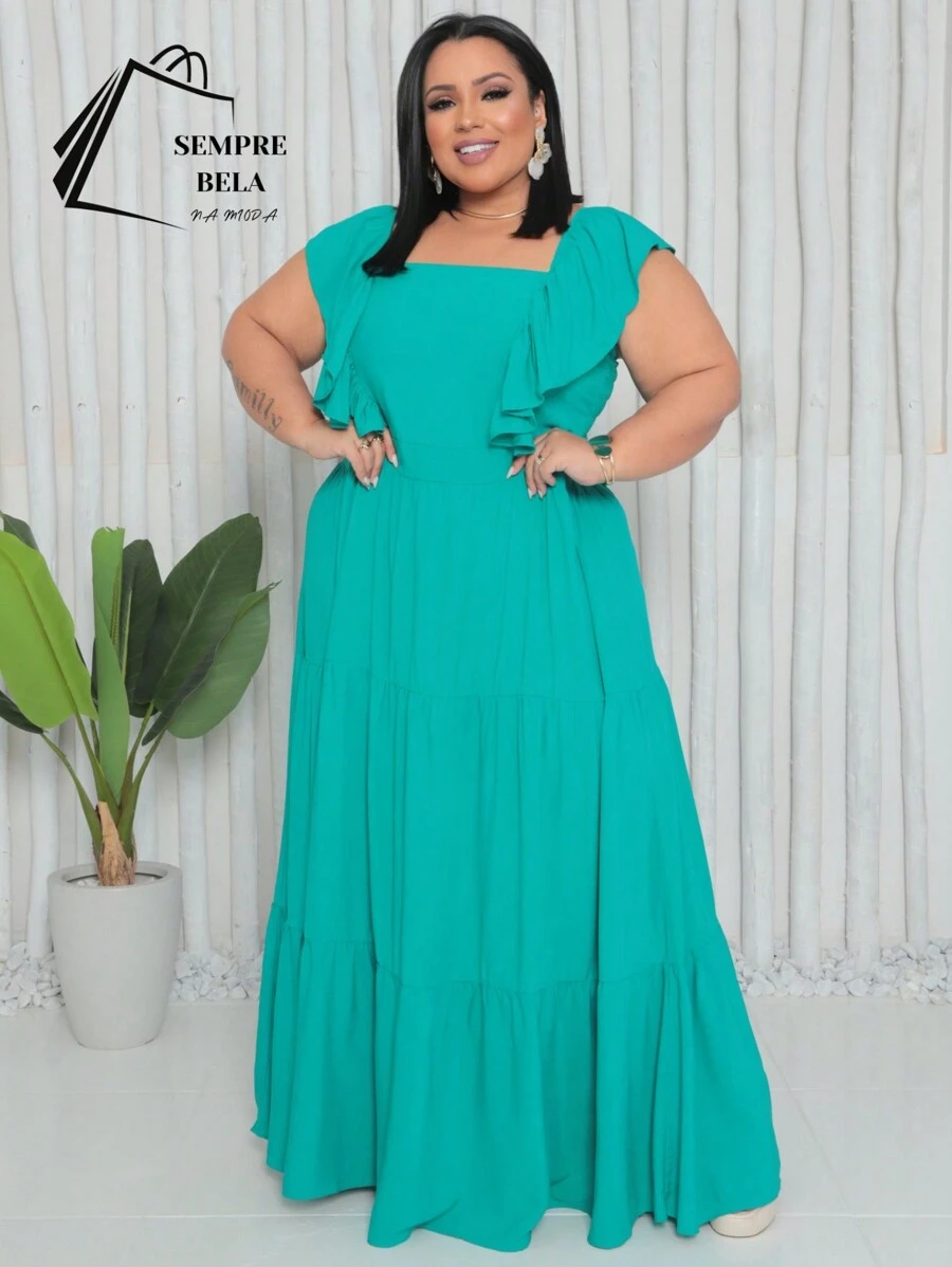 Plus Size Long Dress With Ruffle On The Shoulder - Baby Blue - View 1