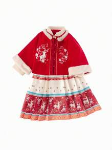 Balabala Girls' Hanfu Set Red New Year Outfit For Winter 2024 - Red - View 4
