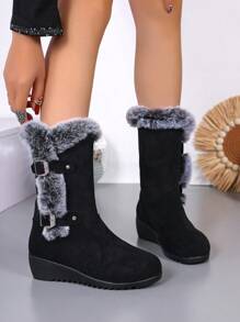 Winter New Fashion Fluffy Snow Boots High-Top Round Toe Lightweight Non-Slip Wear-Resistant Metal Decor Button Cold-Proof Warm Slip-On Outdoor Casual Lady Snow Boots - Black - View 4