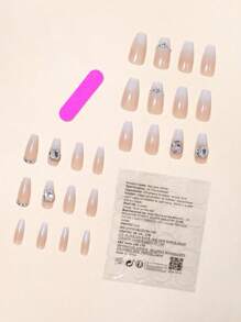 24pcs Coffin Shaped Ombre Milky White Rhinestone Nail Strips With 1pc Double-Sided Adhesive Tape