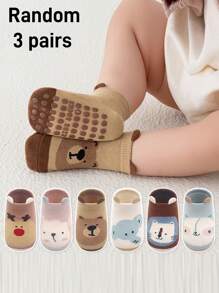 3 Pairs Random Cute Animal Design Soft & Skin-Friendly Non-Slip Grip Floor Socks With 3D Ear For Toddlers, Autumn & Winter, For Christmas