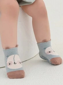 3 Pairs Random Cute Animal Design Soft & Skin-Friendly Non-Slip Grip Floor Socks With 3D Ear For Toddlers, Autumn & Winter, For Christmas
