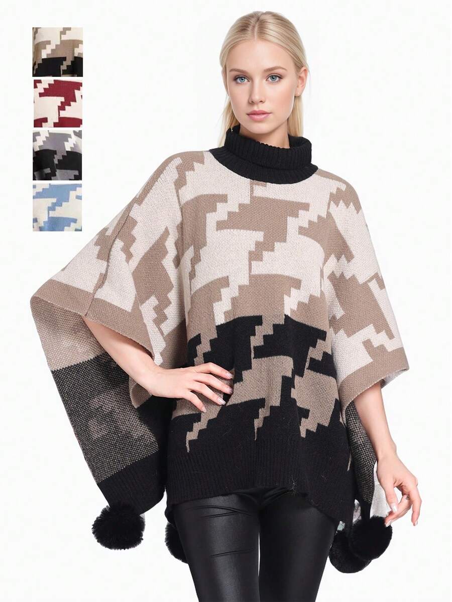 1 chiếc áo len dệt kim cổ cao ấm áp màu tương phản, dáng rộng cho nữ - Nhiều màu - Xem 1