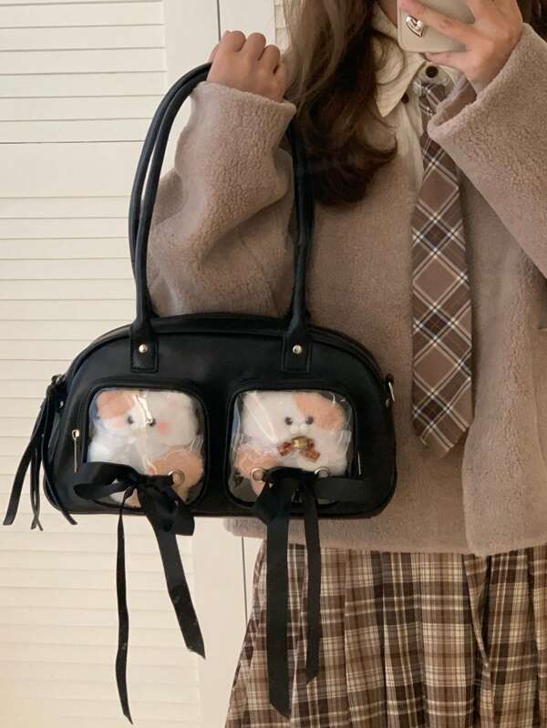 Japanese Element New Pu Leather Black Ribbon Bow Transparent Doll Locomotive Ltabag Large Capacity Casual Simple Girls Shopping Shoulder Cross-Body Bag