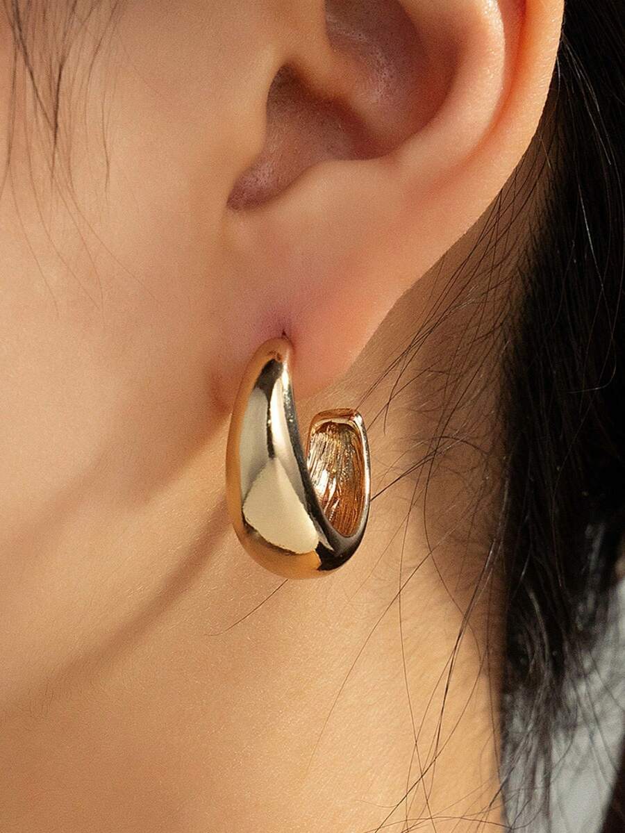 1 Cặp Hoa tai vòng tròn vàng hình chữ C to bản cho nữ Hoa tai dạng đinh tán Hoa tai thanh lịch đơn giản Quà tặng trang sức - Vàng - Xem 1