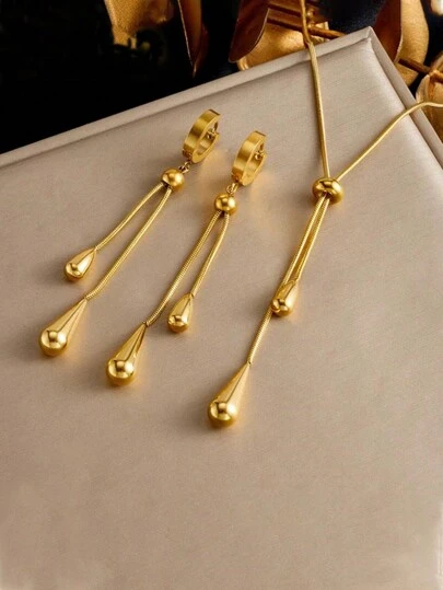 1 set de collar y pendientes de gota de agua ajustable de acero inoxidable con borlas para mujeres, regalo de joyería de moda, para usar en fiestas