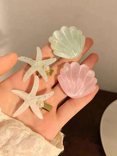 4pcs Women's Resin Starfish, Shell & Faux Pearl Hair Clip, Simple & Elegant Side Bangs Decorative Hairpin, Versatile & Sweet Hair Accessory For Daily Wear & Beach Vacation, Alligator Clips For Chic Outfits,Cat Ears Claw Clips Hair Claws Hair Barrettes, School Stuff, Pearl Hair Accessories, Head Accessories