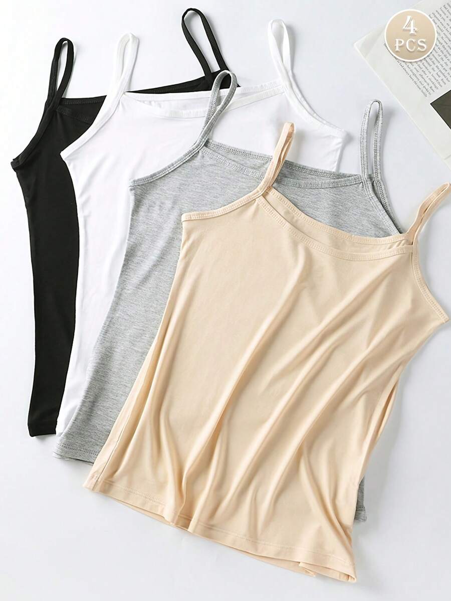 4 Piece Set Women's Solid Color Sleeveless Decorative Crew Neck Camisoles