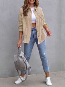 Women's Spring Autumn Denim Coat Lapel Long Sleeve Solid Color Button Up Ripped Jean Jacket - Khaki - View 2