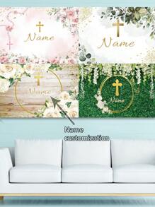 1 pieza Decoración personalizable de corona de flores con hojas verdes, telón de fondo personalizado con nombre para fiesta de cumpleaños, decoración colgante de bautizo, primera comunión y bautizo con cáliz y brillo dorado para estudio fotográfico