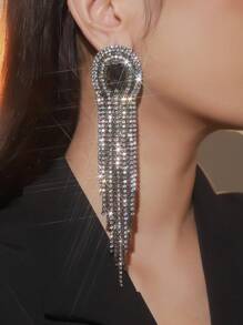 زوج من الأقراط الفاخرة الكبيرة المزينة بالكريستال الأسود ذات الطبقات المتعددة والماس، ديكور ألماس أبيض وأسود أنيق ملائم للحفلات الراقية والاستخدام اليومي