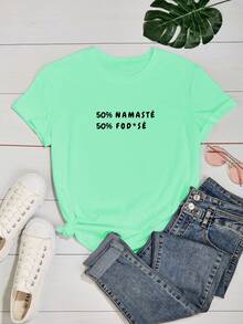 Women's Baby Look T-Shirt Printed Phrase 50% Namaste 50%  You Funny Tumblr Various Colors 100% Cotton - Màu xanh Bạc hà - Xem 2
