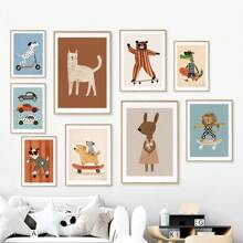 1pc Frameless Funny Animal Poster, Featuring Rabbit, Dog, Bear, Cat, Skateboard Patterns, Canvas Material, Neutral Tones, Suitable For Nursery Decor, Animal Theme - Multicolor - View 3