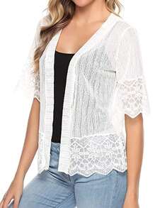 Women's Lace Patchwork Open Front Cardigan Lightweight Sheer Half Sleeve Bolero Shrug Jacket Summer Kimono Cover Up - White - View 2