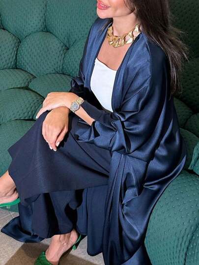 Islamic Clothing Women Dresses Solid Color Modest Abaya Women Dress Premium Satin Open Kimono Abaya Dubai Women Cardigan