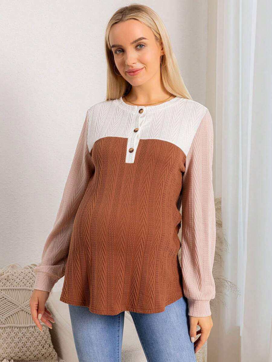 weisilong Áo thun dệt kim dài tay chắp vá cài nút cho bà bầu, áo thun bó sát, áo thun thường ngày cho giáo viên mùa thu/đông - Nhiều màu - Xem 1