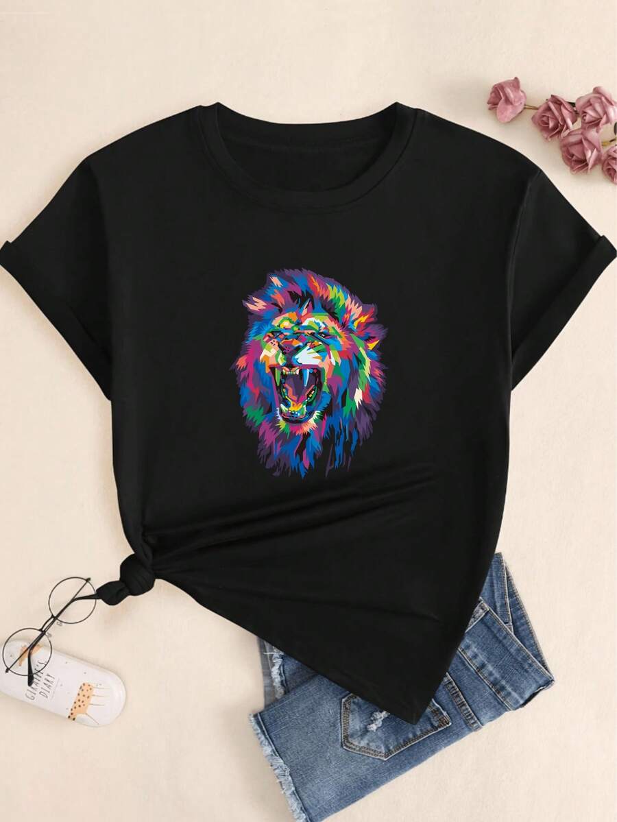 Brave Lion Printed T-Shirt Colorful Women's Casual Comfort Streetwear Cotton Candy Shirt Sexy Sophisticated Versatile Hot Girl Tight Elegant Comfortable - Therefore - View 1