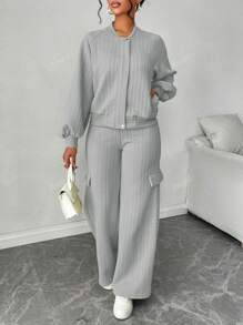 Ensemble de 2 pièces pour femmes Amarilo, veste à détail de fermeture éclair à manches longues et pantalon droit, de couleur unie texturée, style décontracté et mode, pour la saison scolaire