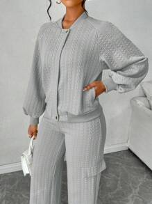 Ensemble de 2 pièces pour femmes Amarilo, veste à détail de fermeture éclair à manches longues et pantalon droit, de couleur unie texturée, style décontracté et mode, pour la saison scolaire