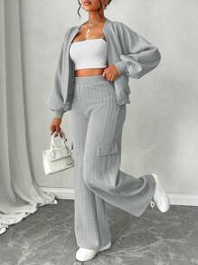 Ensemble de 2 pièces pour femmes Amarilo, veste à détail de fermeture éclair à manches longues et pantalon droit, de couleur unie texturée, style décontracté et mode, pour la saison scolaire