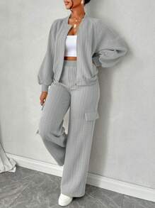 Ensemble de 2 pièces pour femmes Amarilo, veste à détail de fermeture éclair à manches longues et pantalon droit, de couleur unie texturée, style décontracté et mode, pour la saison scolaire