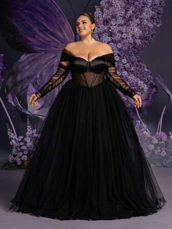 Faeriesty 大码露肩长袖婚纱，后系带设计，透明欧根纱 A 字裙和收腰细节 - 非常适合婚礼、正式仪式、晚会、新娘招待会和豪华活动，新娘