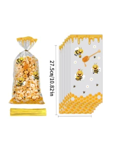50个小蜜蜂印花糖果OPP袋，清新简约蜜蜂印花礼品包装袋，零食饼干糖果包装平口袋 - 彩色 - 查看 3