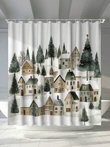 1pc Christmas Tree, House, Snowy Landscape & Pine Tree Digital Printing Mildew-Resistant Waterproof Shower Curtain, With 12 Plastic Hooks And Metal Grommets, Durable And Sturdy Bathroom Accessory