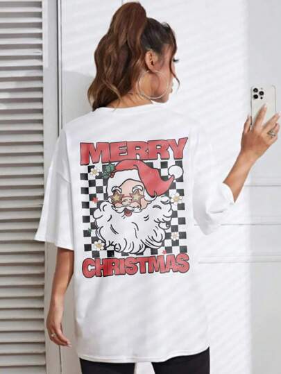 Camiseta Feminina Blusão Oversized Natal Estampa Merry Christmas 2024 cor Branca