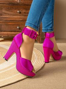 Plus Size Women's Thick-Soled High-Heel Satin High-Heel Sandals, Suitable For Casual, Night Out, And Office Wear, Versatile And Chic