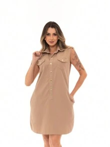 Women's Twill Dress Chemise Tank Top Loose With Buttons Pocket And Belt Fashion - 米色 - 查看 3