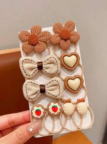 10 件装女孩咖啡棕色可爱花果发带头带橡皮筋，适合婴儿、小女孩和年轻女孩扎头发。 - 彩色 - 查看 5